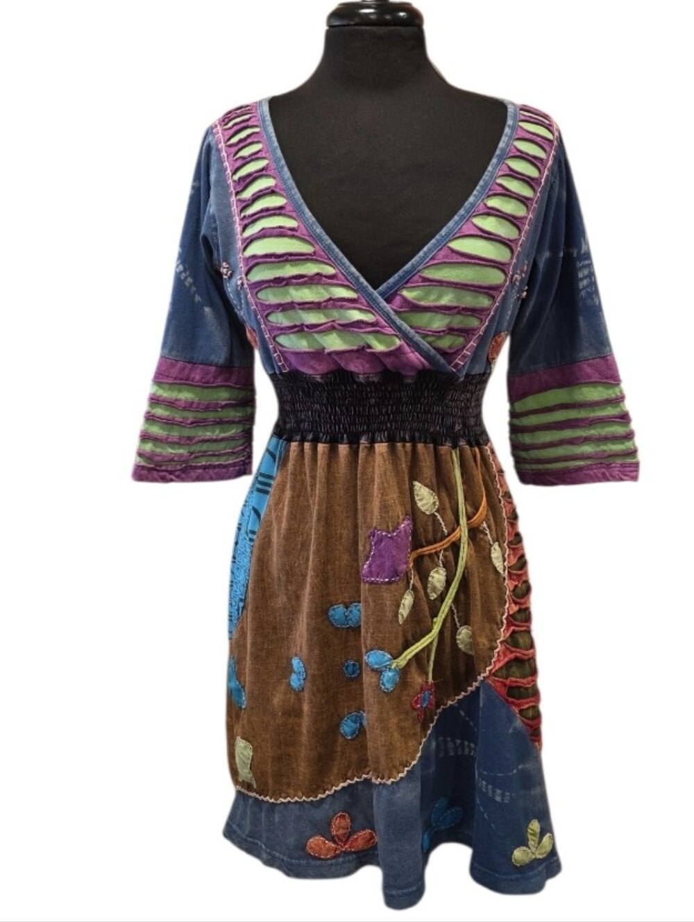 Rising International Multicolor Patchwork V-Neck Mini Dress 90s Applique Boho